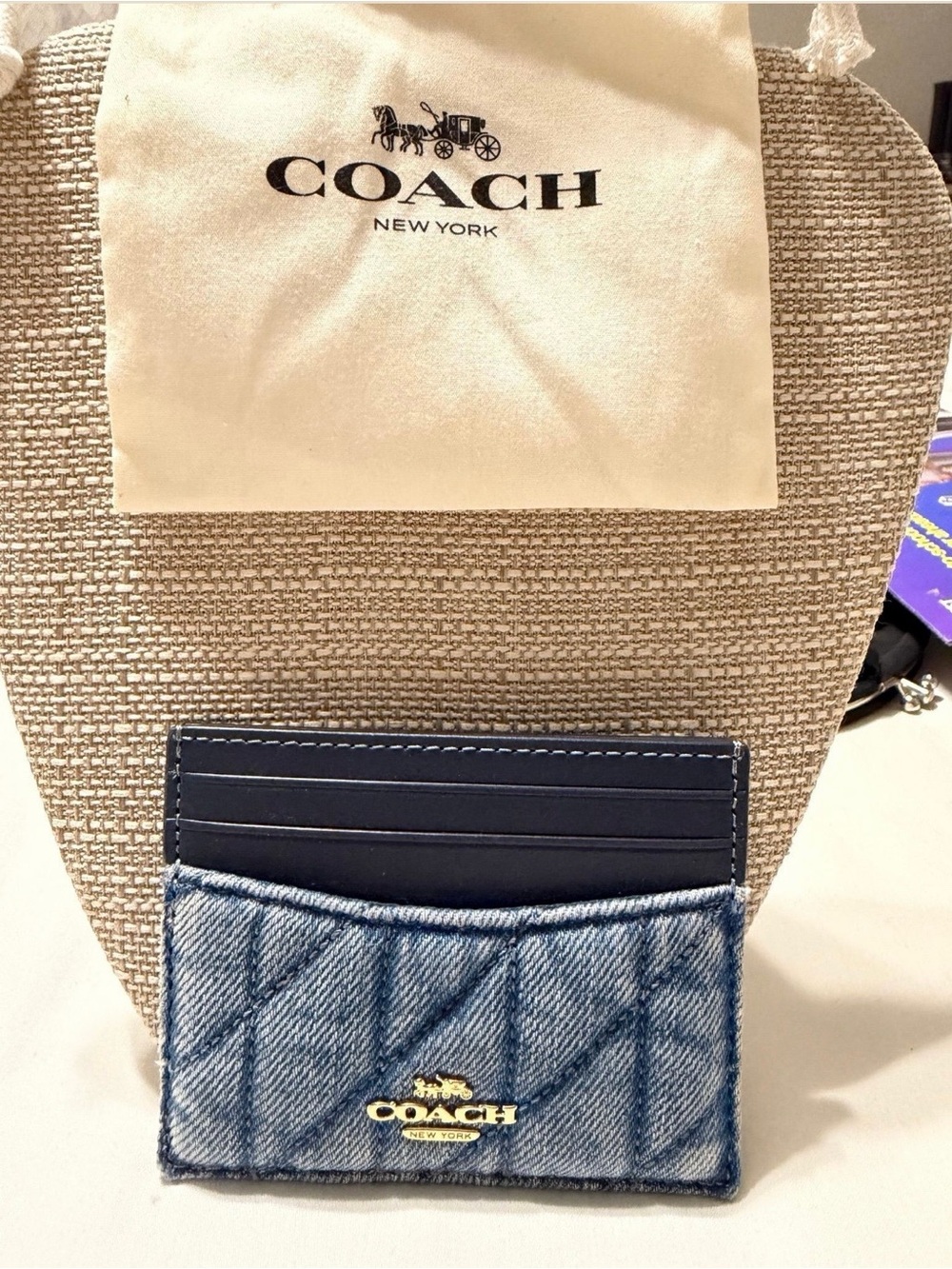 Coach Quilted Denim Card Case with Navy Leather Slots
